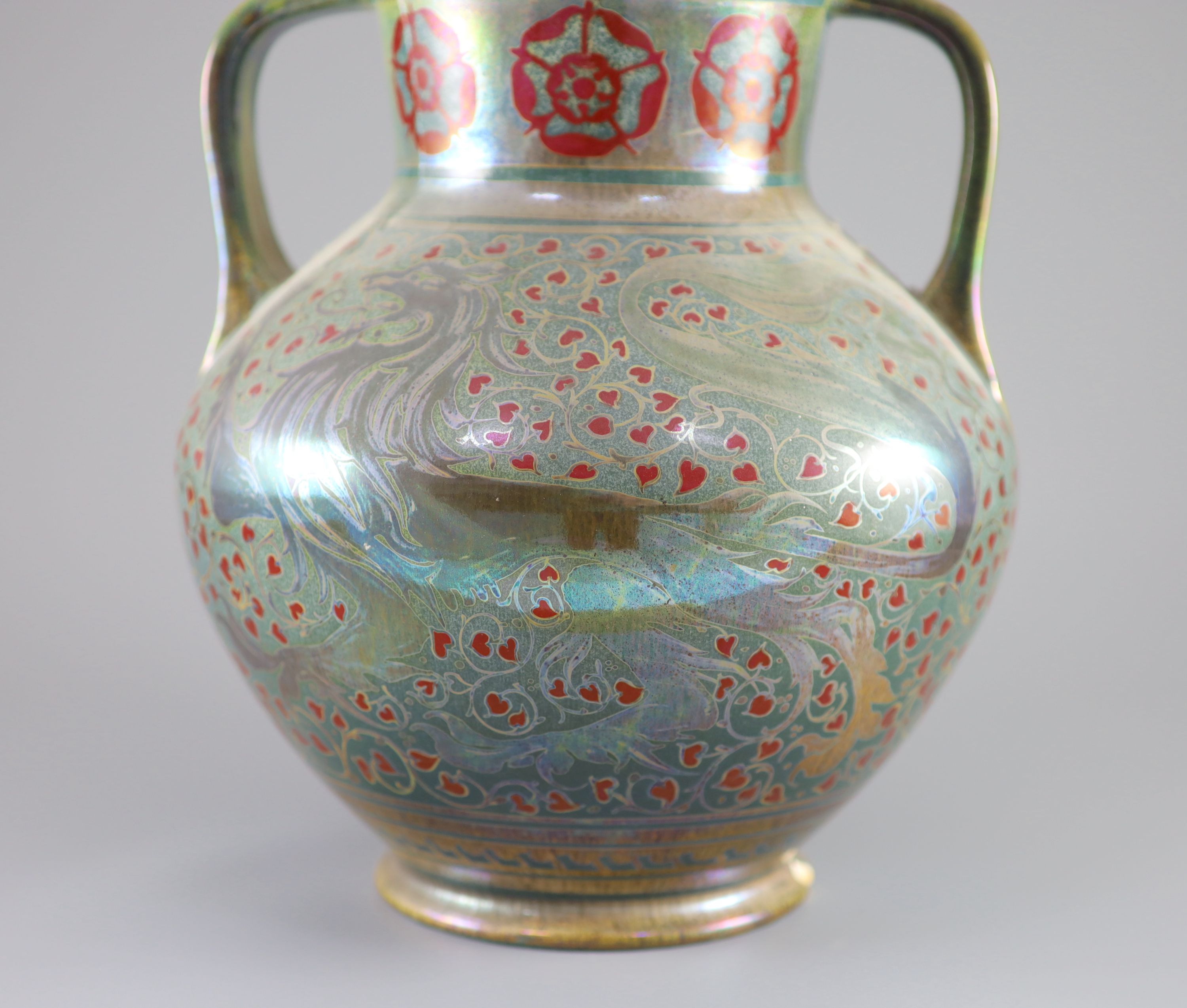 A Pilkingtons Royal Lancastrian lustre two handled vase, by Gordon M. Forsyth, 28.5cm high
